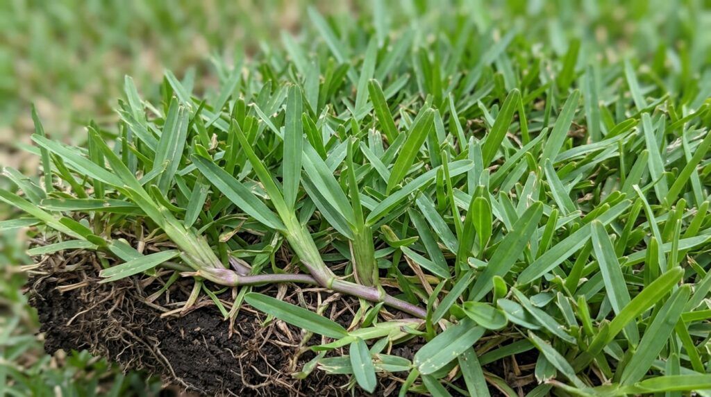 St Augustine Floratam sod closeup showing dense bright green blades and thick thatch.