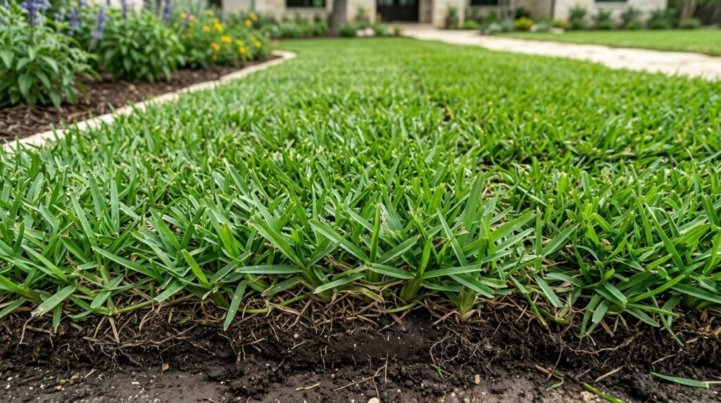 St Augustine Floratam sod with dense, broad green blades in a freshly laid lawn section.