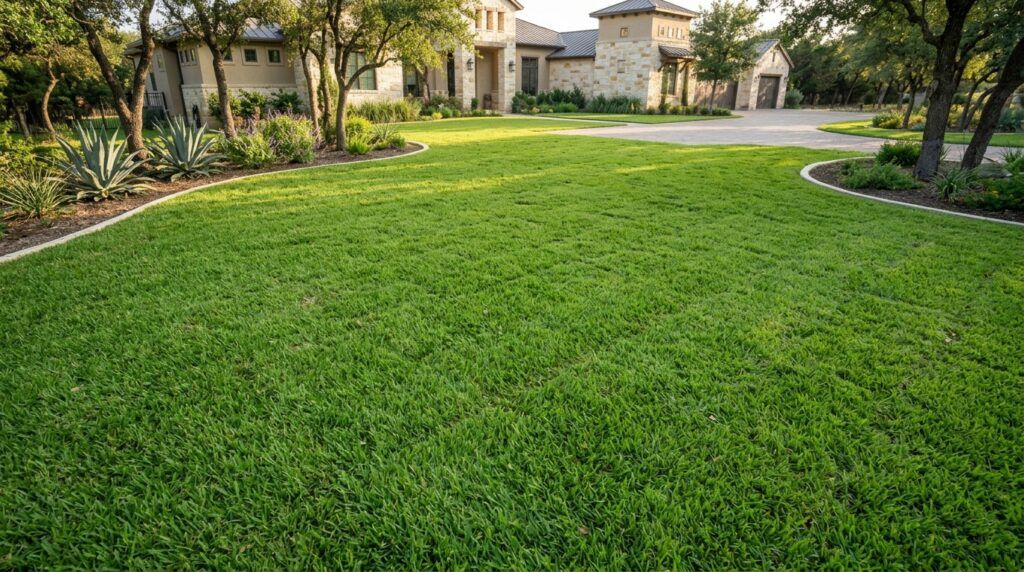 St Augustine Floratam sod laid in lush green strips with visible seams across a sunny lawn.