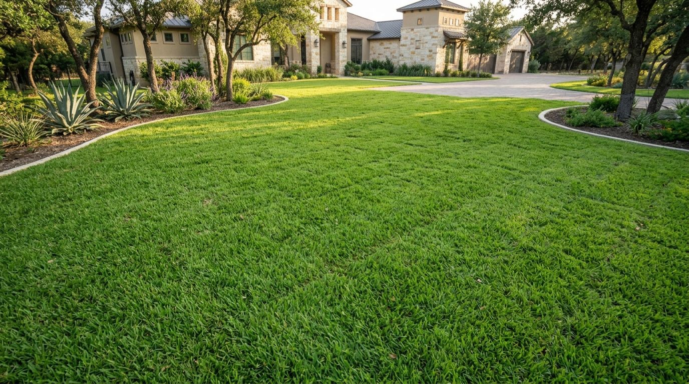 St Augustine Floratam sod laid in lush green strips with visible seams across a sunny lawn.