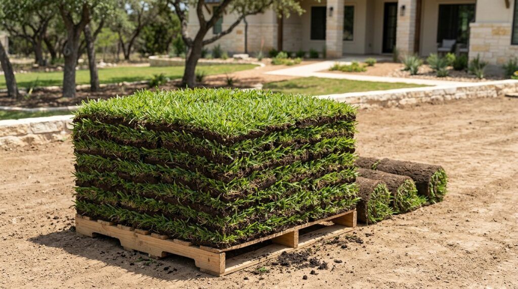 St Augustine Floratam sod rolls with lush green blades laid tightly together on prepared soil.