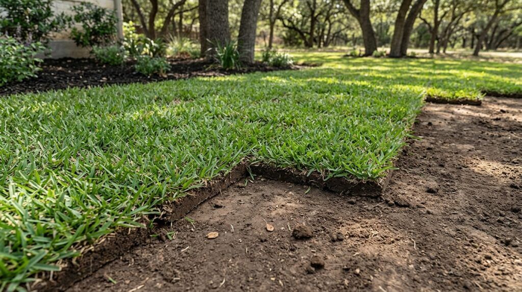 St Augustine Floratam sod rolls stacked, showing thick green blades ready for installation.