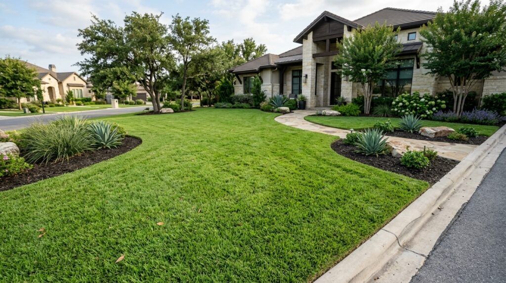 St Augustine Floratam sod rolls stacked with thick green blades, ready for installation.