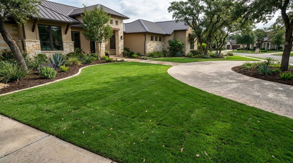 St Augustine Palmetto sod with dense, bright green blades laid in fresh seams across a lawn.