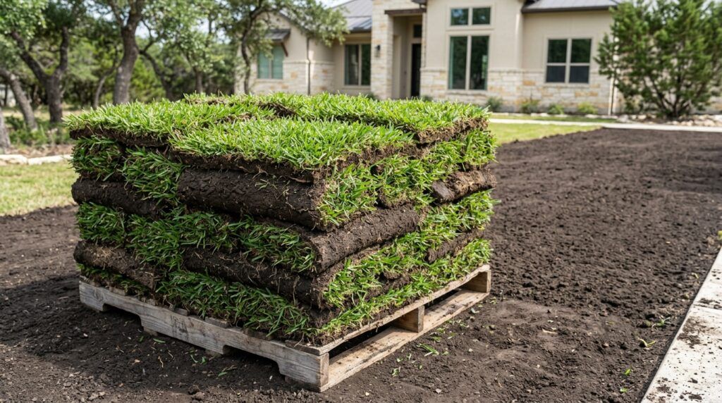 St Augustine Palmetto sod rolls laid in lush green strips with visible seams, ready for watering and rooting.