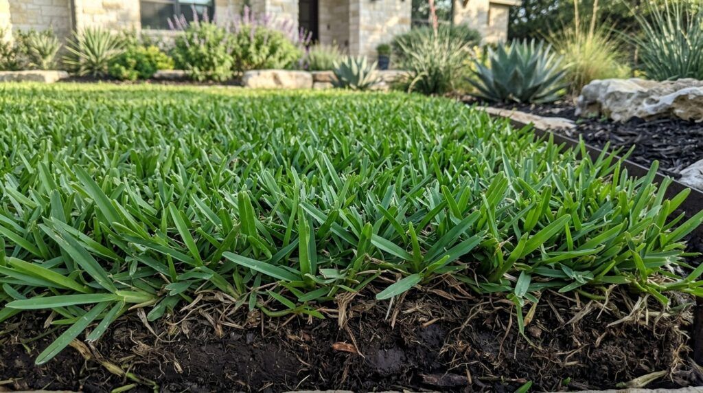 St Augustine Palmetto sod rolls stacked with dense, bright green blades ready for installation.