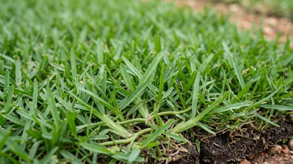 Close-up of St Augustine Raleigh sod with dense green blades and thick thatch, freshly laid and rooted.