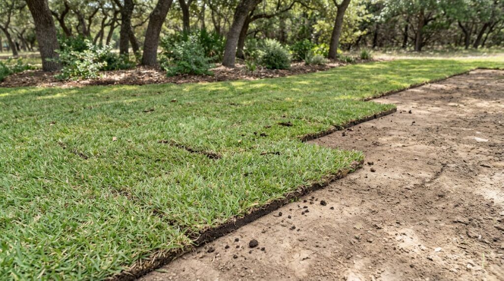St Augustine Raleigh sod rolls freshly laid in green strips with visible seams on prepared soil.