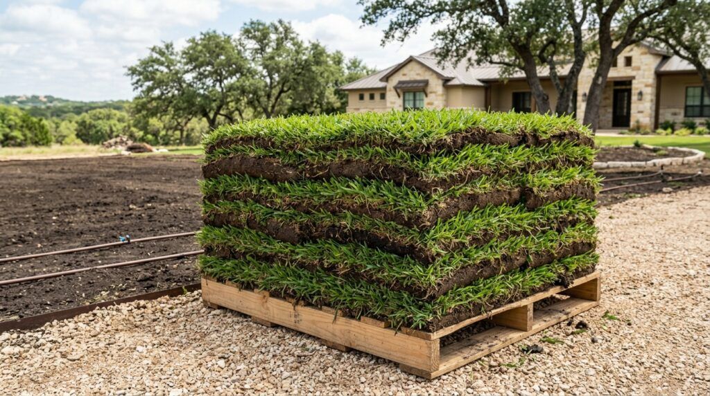 St Augustine Raleigh sod rolls stacked on pallet, thick green blades and soil backing ready for installation.
