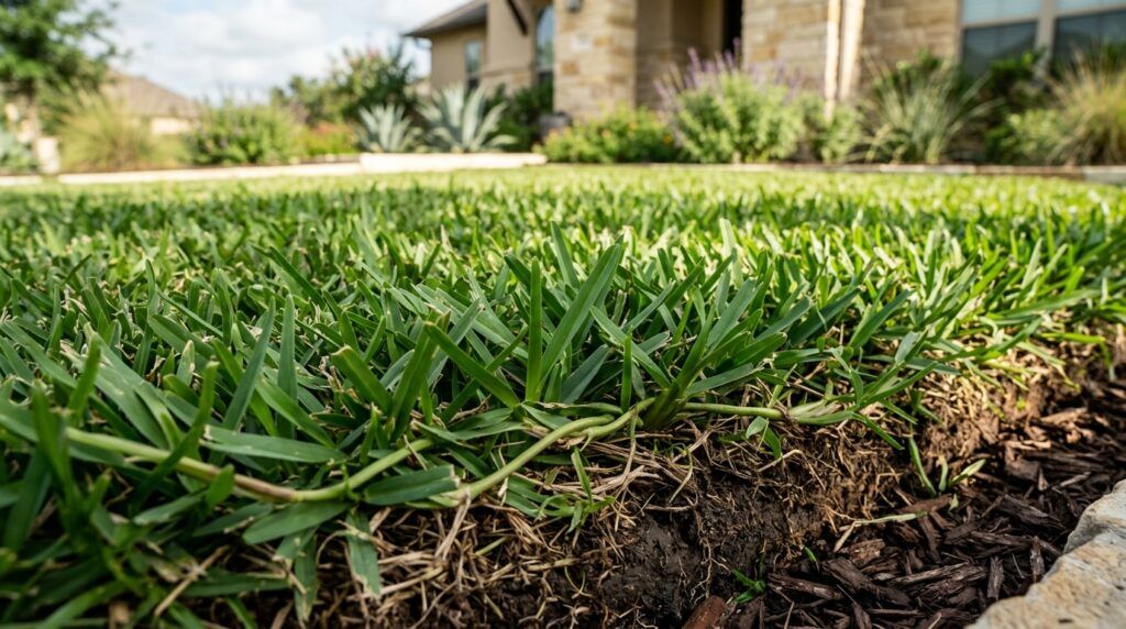 St Augustine Raleigh sod with thick green blades, freshly laid in neat seams across a lawn.