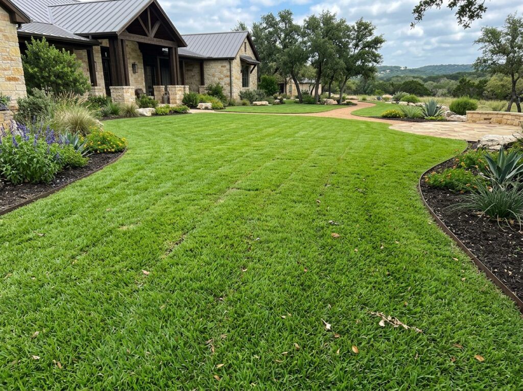 Professionally installed luxury residential lawn with Amerishade St. Augustine sod, lush broad green blades, fine-textured shade-tolerant turf, smooth finished grade, clean bed edges, faint fresh-sod seam lines and natural color variation showcasing expert lawn installation.