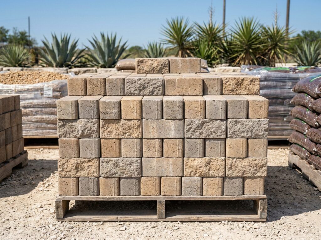 Garden Wall Blocks retaining wall of stacked tan concrete blocks with split-face texture and cap edging garden bed.