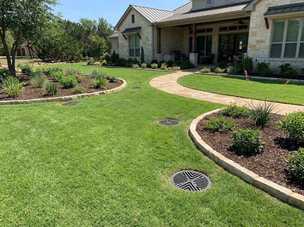 Standard Surface Drain drainage grate set in concrete along lawn edge to collect runoff.