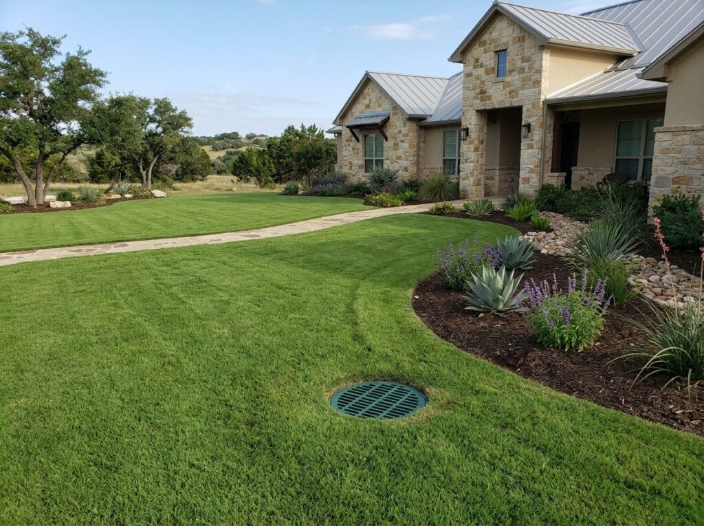 Standard Surface Drain surface drainage channel with black grate set in concrete beside grass.