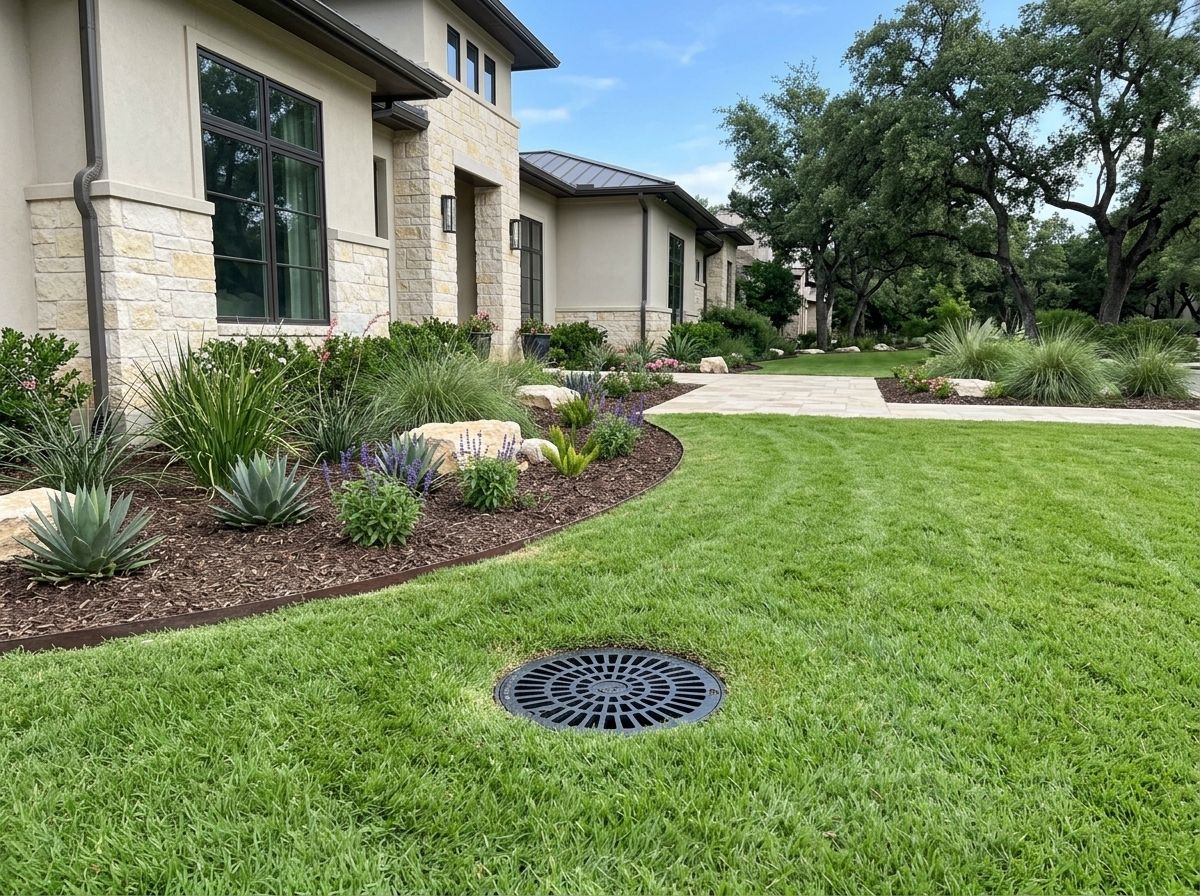 Standard Surface Drain drainage system with a grated surface inlet installed at the edge of a concrete walkway beside turf.