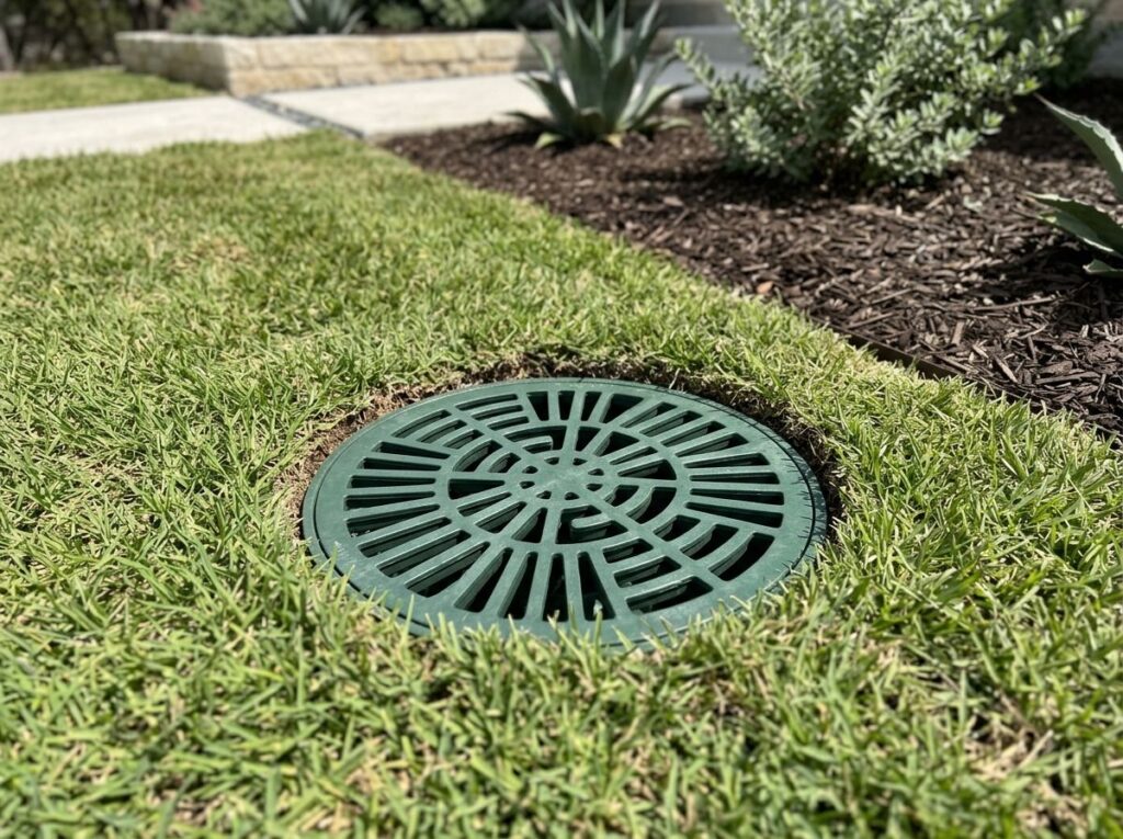 Standard Surface Drain drainage grate set in turf beside a concrete walkway, collecting surface runoff.