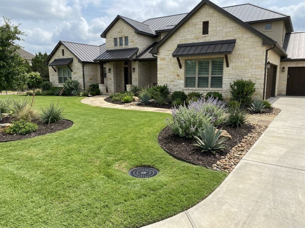 Standard Surface Drain drainage grate set in concrete beside grass, collecting runoff along a slight slope.