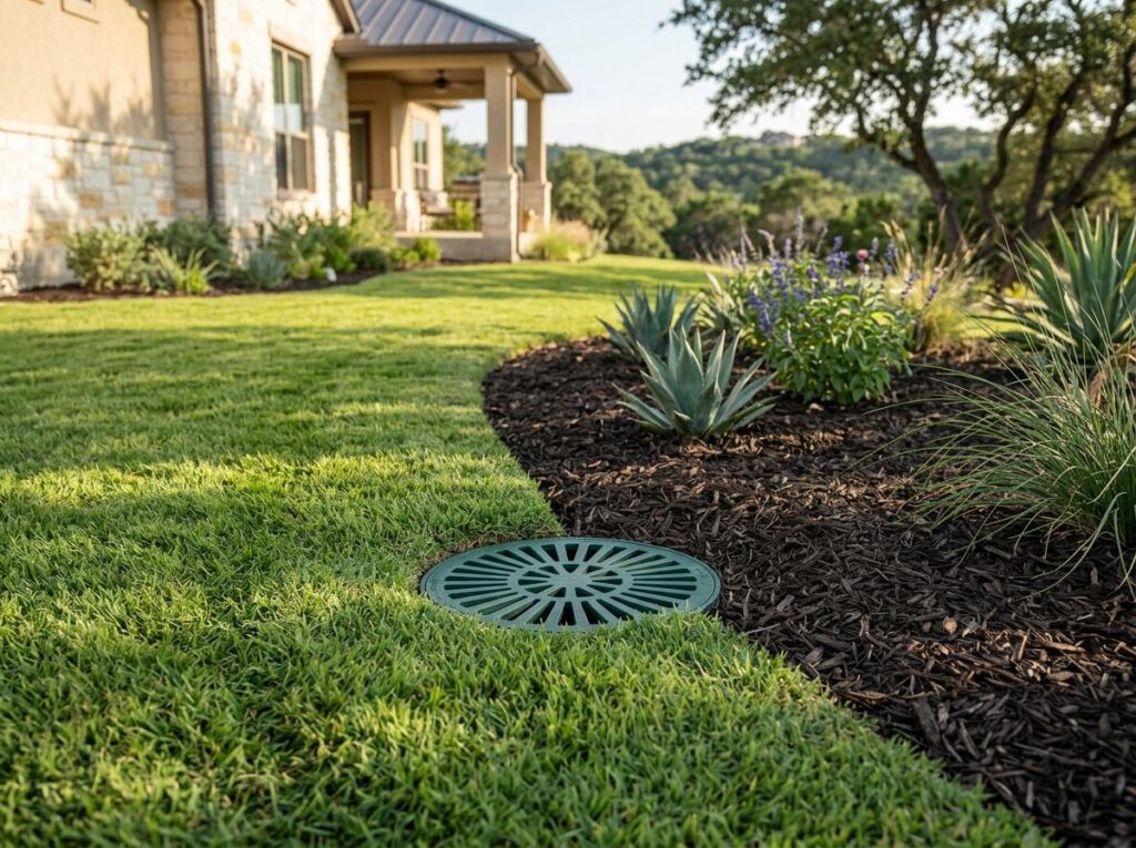 Standard Surface Drain drainage channel with black grate set in concrete beside lawn, sloping for runoff.