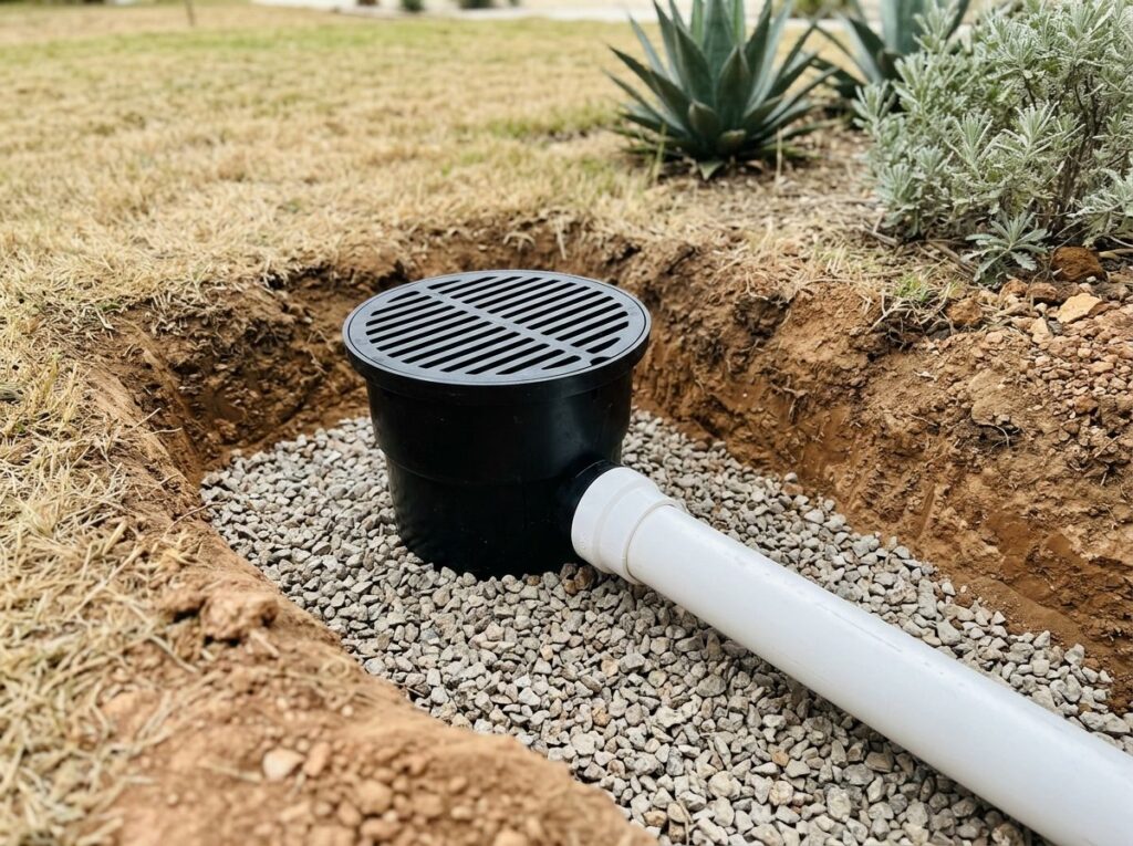 Standard Surface Drain drainage channel with black grate set in concrete along lawn edge to carry runoff.