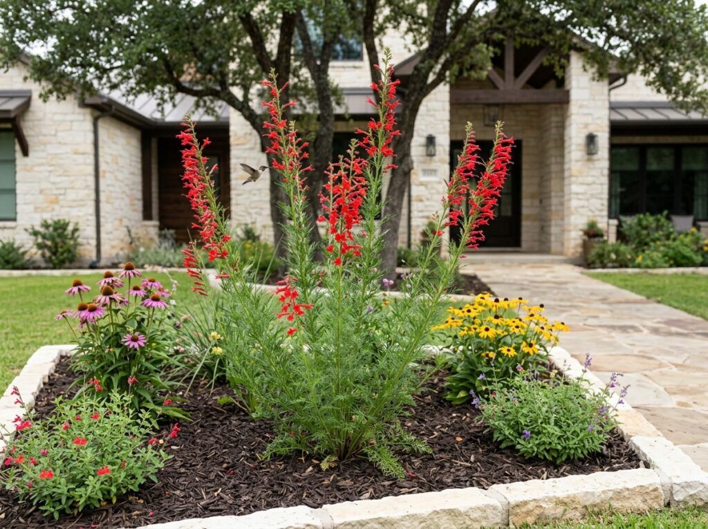 Standing Cypress with tall green stems and bright red flower spikes growing in a garden bed.