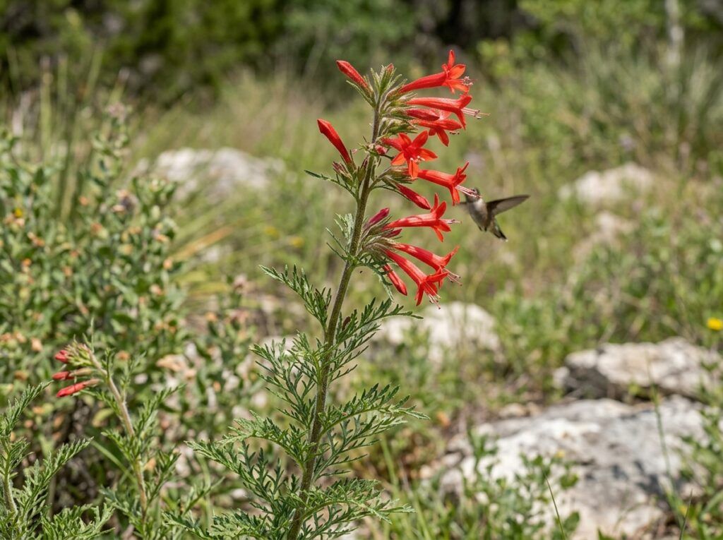 Standing Cypress wildflower with tall green stems and red flower spikes growing in a black nursery pot.