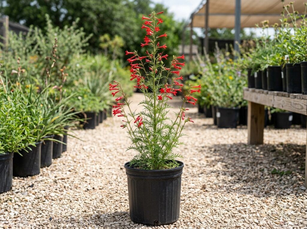 Standing Cypress wildflower with tall red flower spikes and feathery green foliage in bloom.