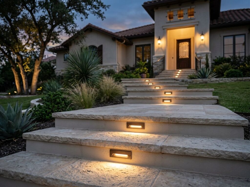 Step Riser Light landscape lighting fixture in black finish, recessed in stair riser casting a warm downward glow.