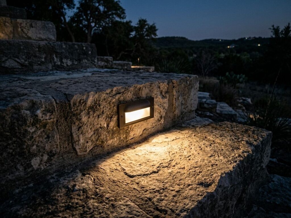 Step Riser Light landscape lighting fixture recessed in stair riser, casting warm downlight on steps.
