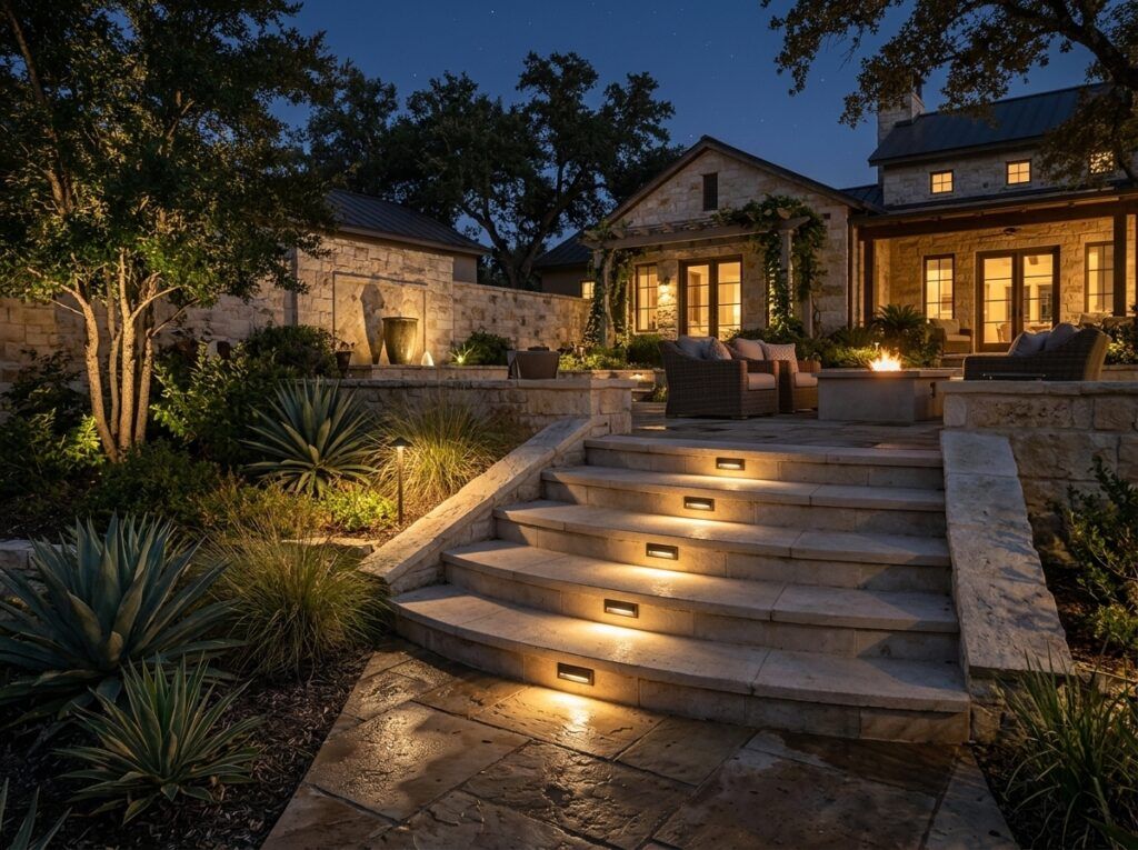 Step Riser Light landscape lighting installed in a stair riser, casting a warm wash across the step tread.