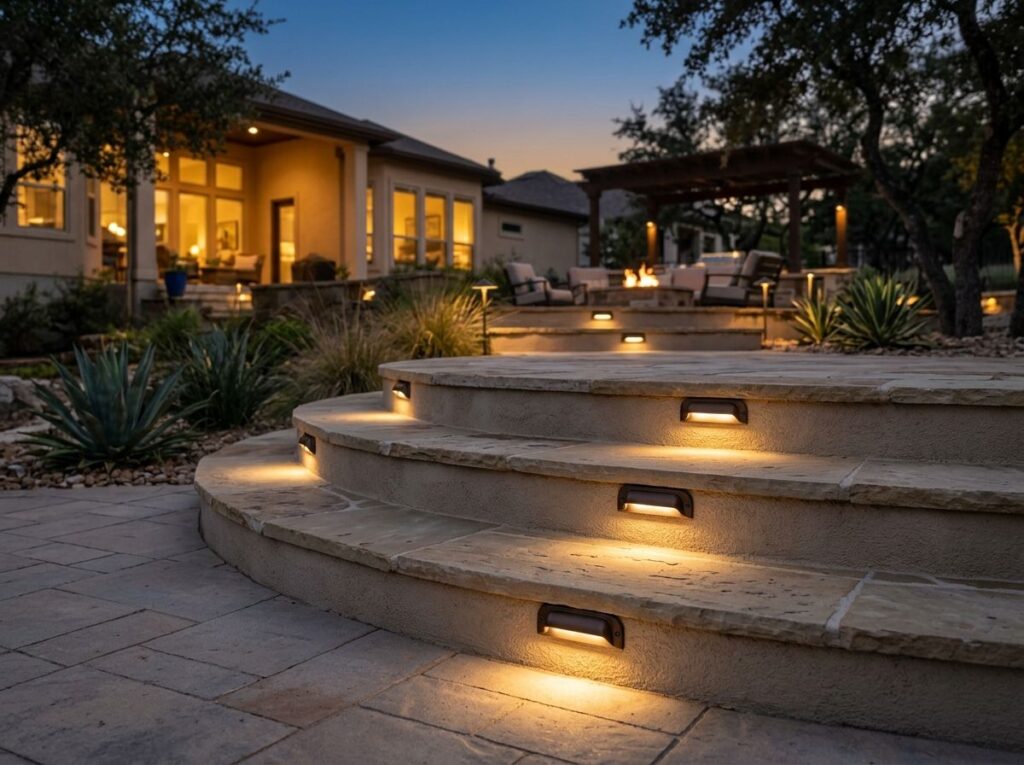 Step Riser Light landscape lighting fixture mounted in a stair riser, casting a warm downward beam along the step edge.