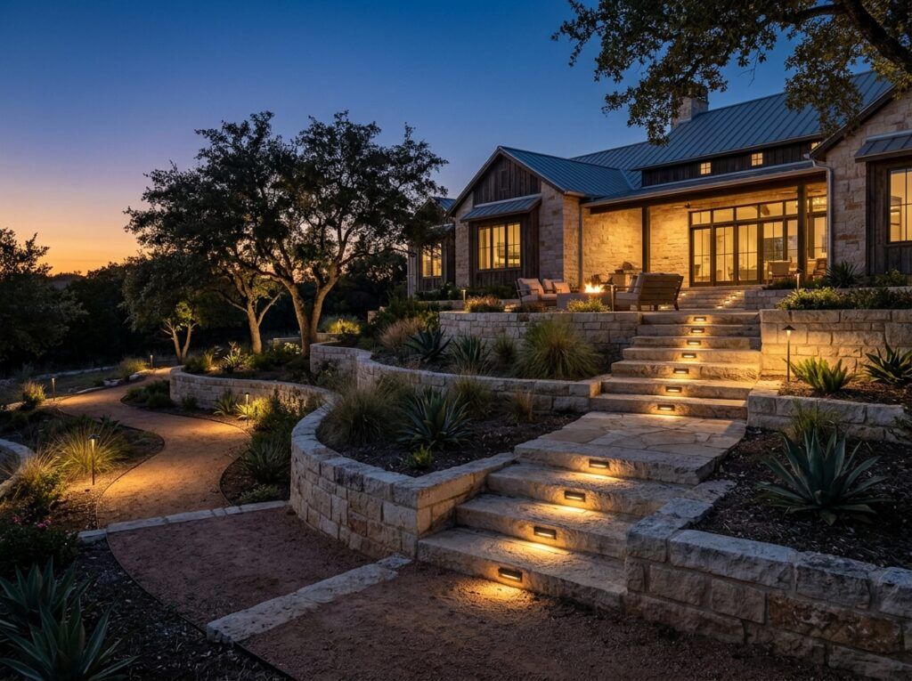 Step Riser Light landscape lighting mounted on stone stair riser, casting a soft wash across each step.