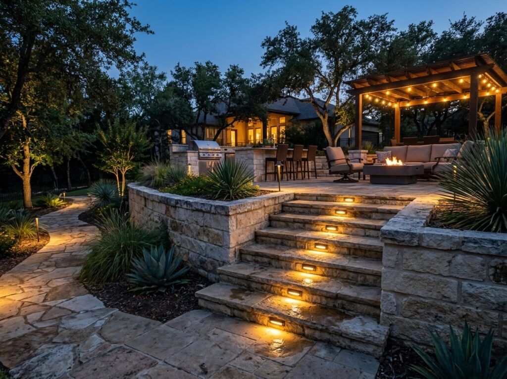 Step Riser Light landscape lighting installed in stone stair riser, casting warm glow across each step.