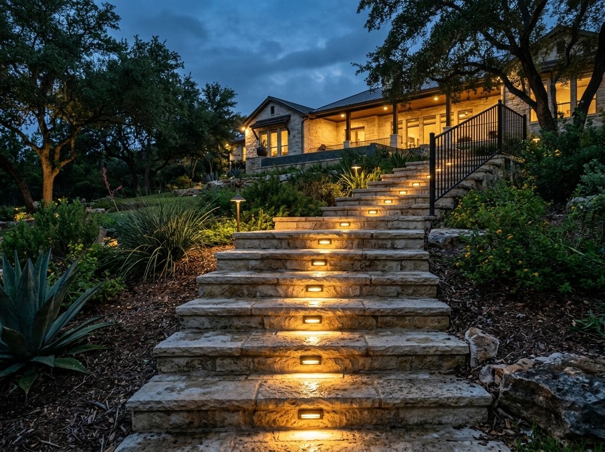 Step Riser Light landscape lighting installed under stair tread, casting warm downlight on steps in black finish.