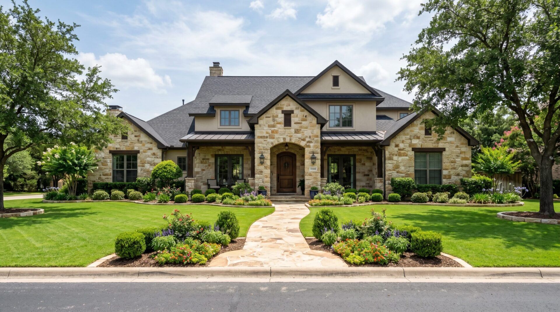 Traditional landscape installation with stone edging, shrubs, mulch beds, and manicured lawn