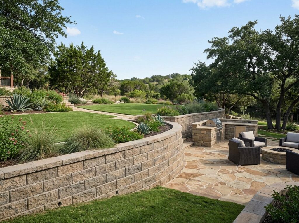 Structural Retaining Wall Blocks retaining wall of gray split-face concrete blocks stacked in tiers with cap