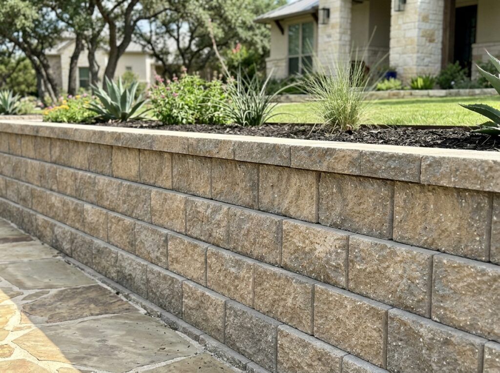 Structural Retaining Wall Blocks retaining wall of gray textured concrete blocks stacked in courses with cap.