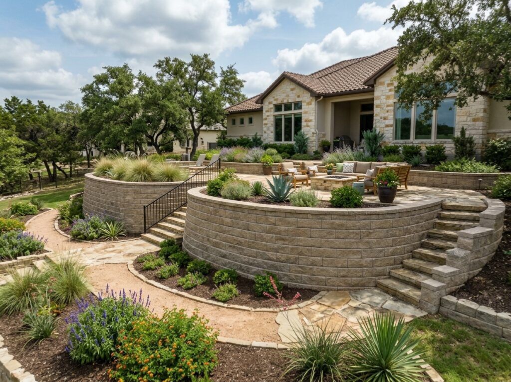 Structural Retaining Wall Blocks retaining wall with stacked concrete blocks and smooth cap along sloped landscape.
