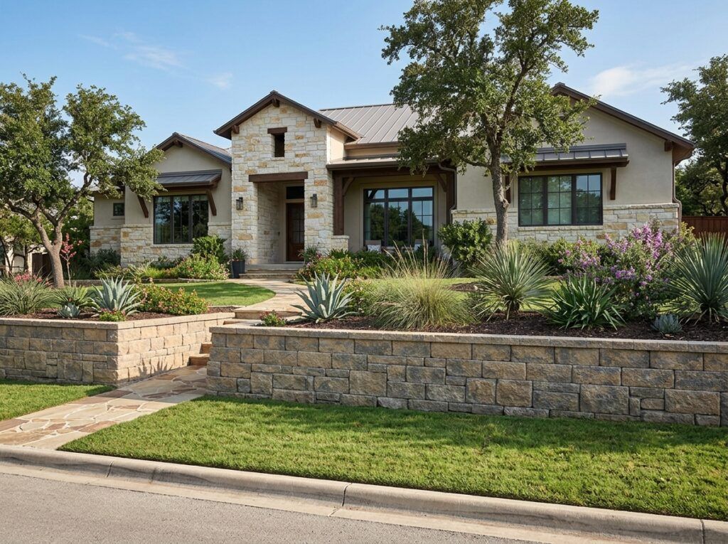 Structural Retaining Wall Blocks retaining wall built with stacked gray concrete blocks and cap, terraced along slope.