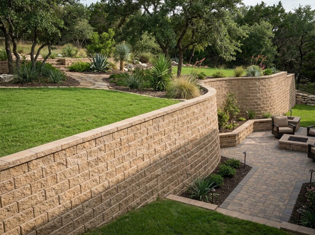 Structural Retaining Wall Blocks retaining wall of stacked gray split-face concrete blocks with cap on a sloped yard.