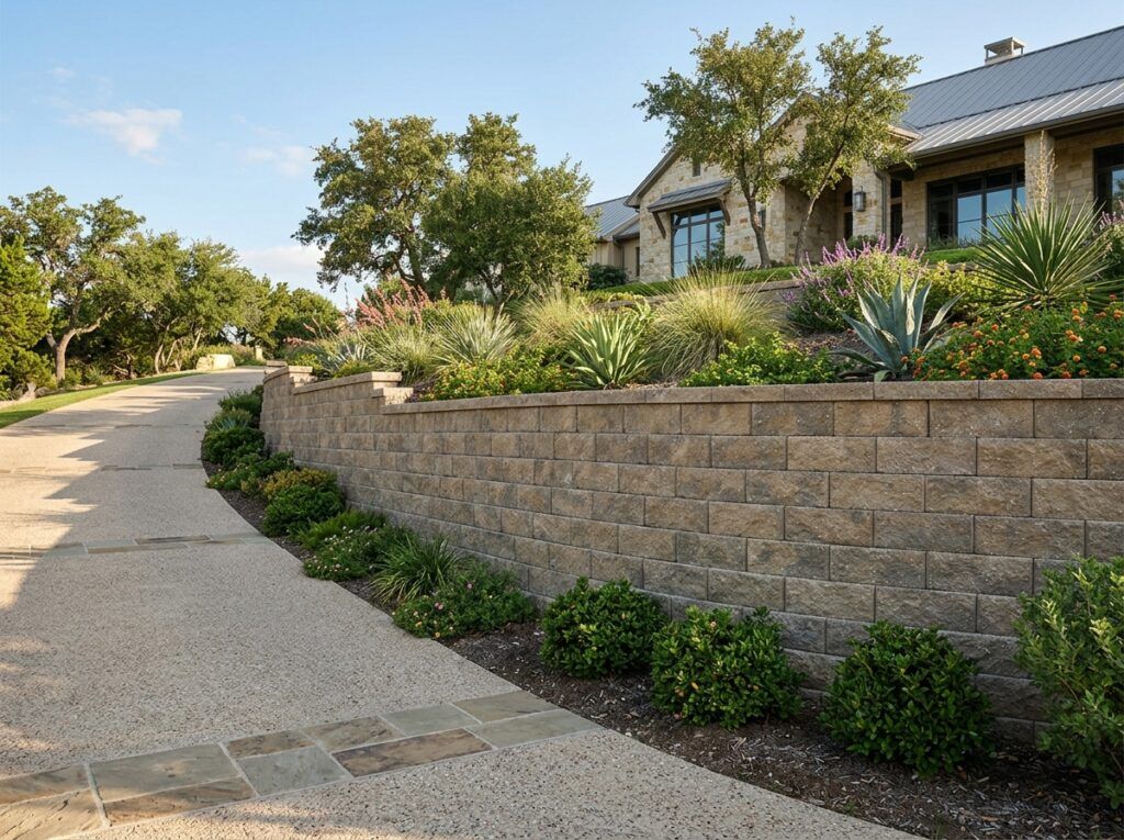Structural Retaining Wall Blocks retaining wall with textured concrete blocks stacked in staggered course and capped.