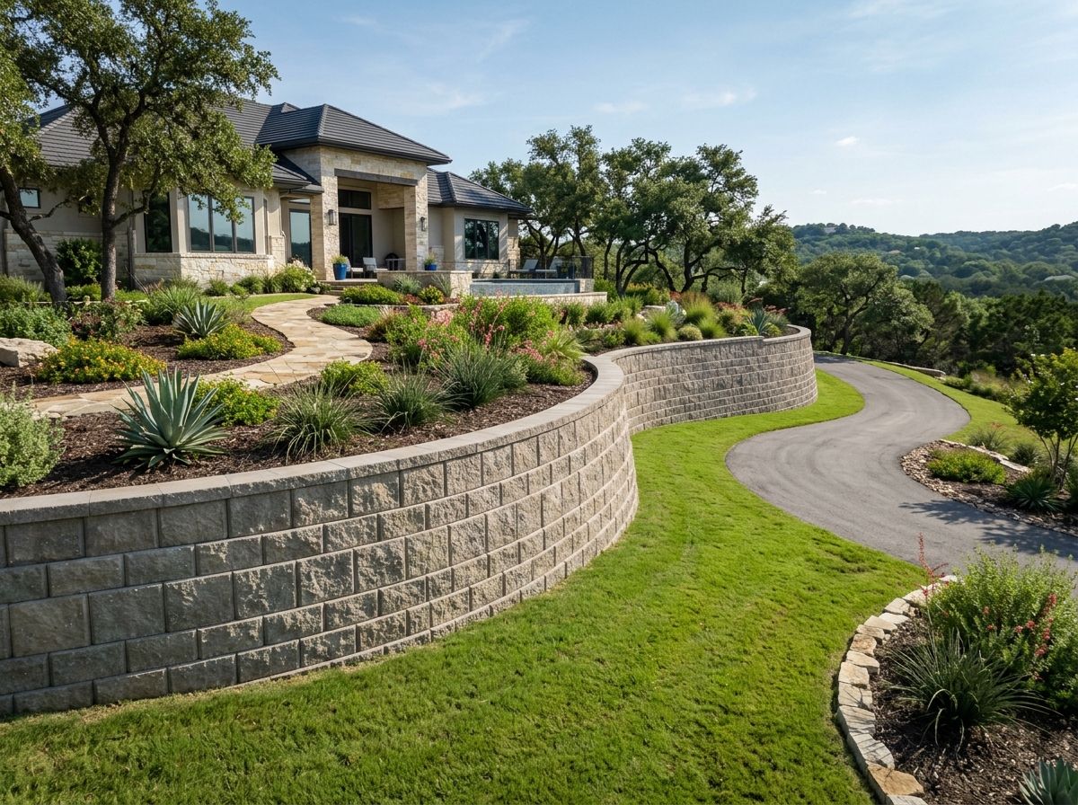 Structural Retaining Wall Blocks retaining wall of textured concrete blocks stacked in stepped tiers with cap stones.