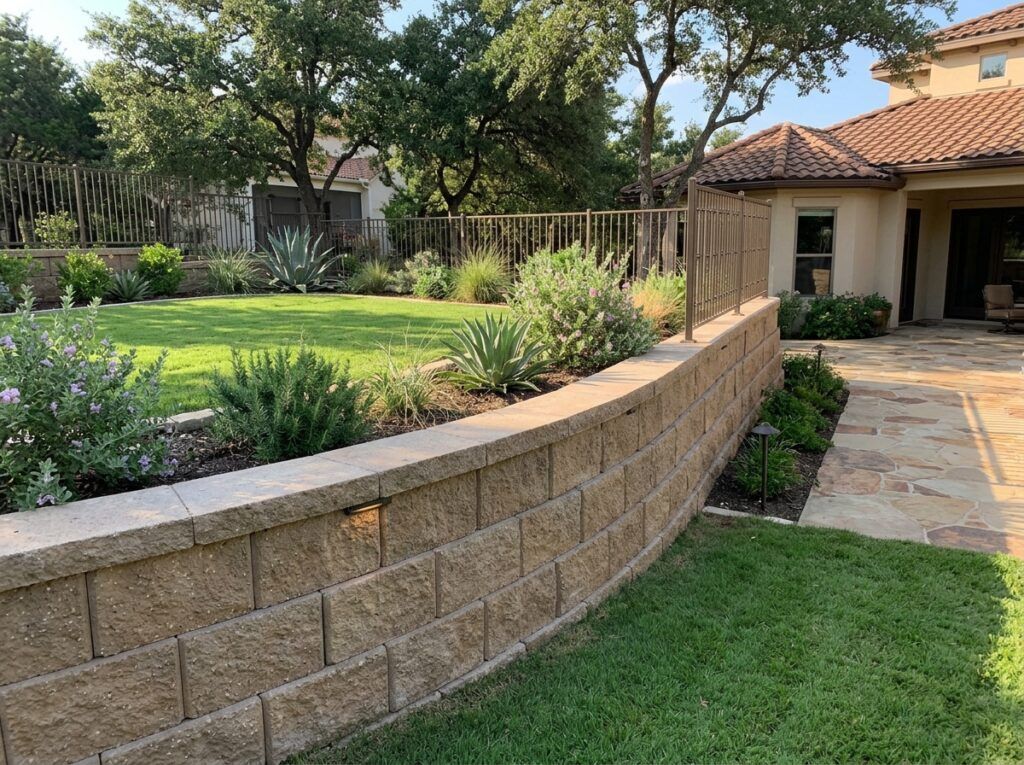 Structural Retaining Wall Blocks retaining wall built from textured gray concrete blocks stacked with offset joints.