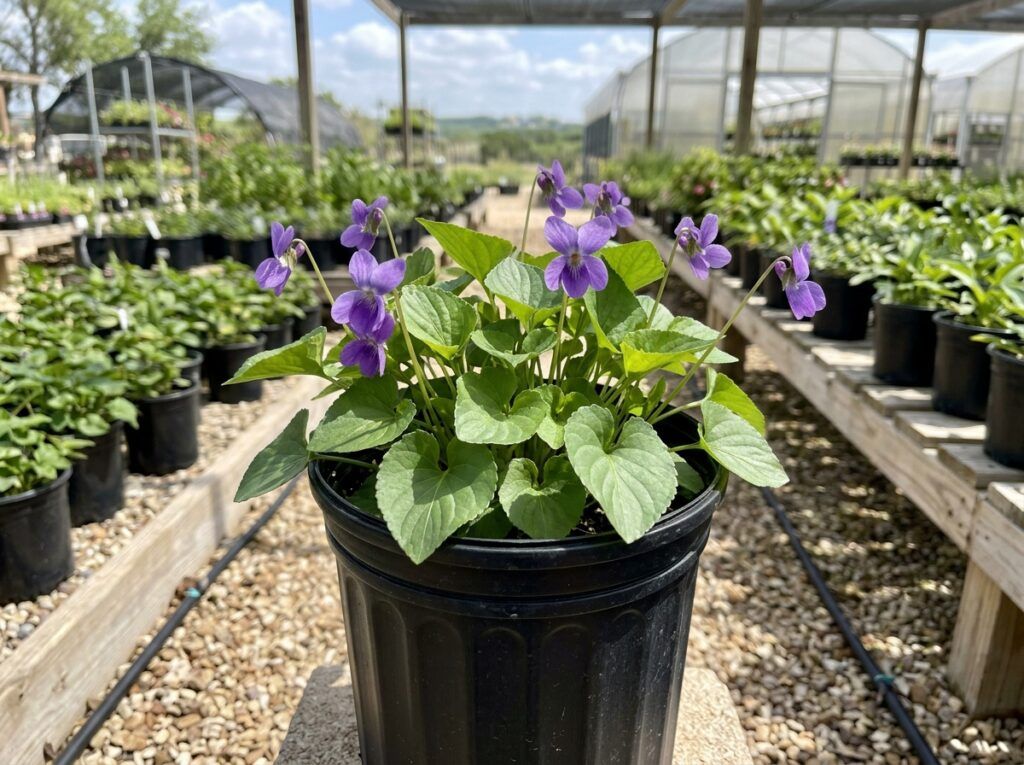 Sweet Violet perennial in a nursery pot, showing dense green leaves and small purple flowers.