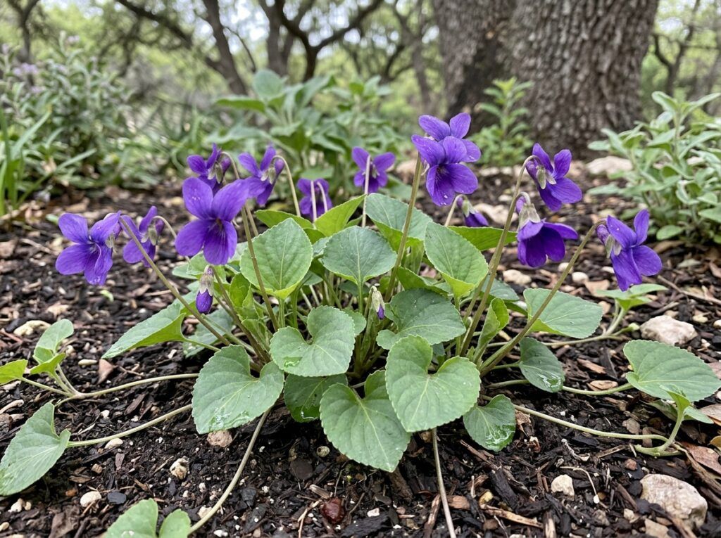 Sweet Violet perennial groundcover in a pot with small purple blooms and green heart-shaped leaves.