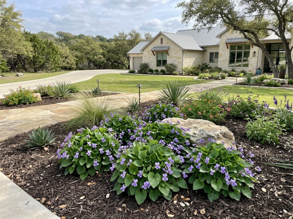 Sweet Violet perennial groundcover with small purple blooms and green heart-shaped leaves in a pot.