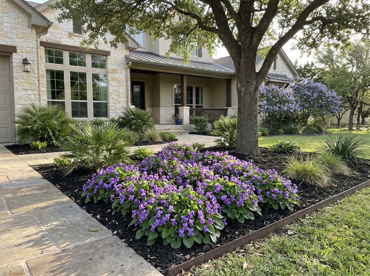 Sweet Violet perennial with purple flowers and green heart-shaped leaves in bloom.