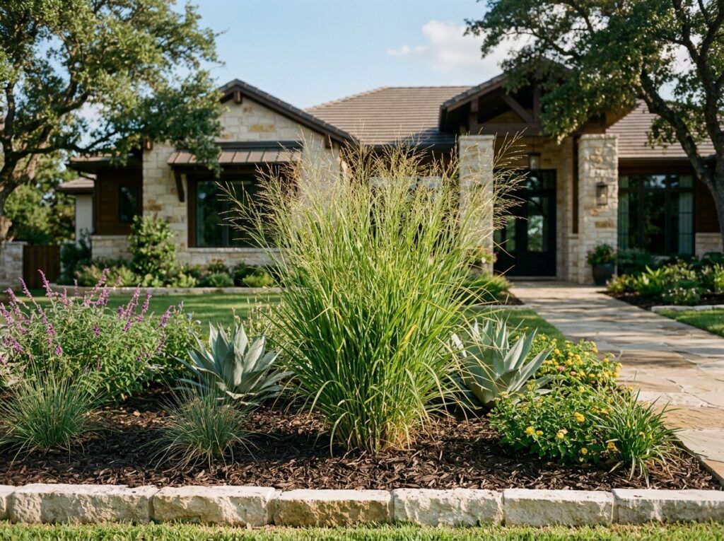 Switchgrass ornamental grass clump with upright green blades in a nursery container on a clean white background.