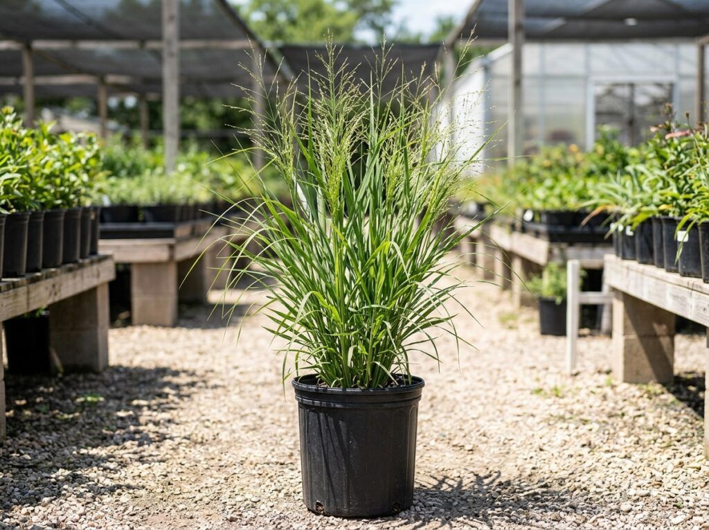 Switchgrass ornamental grass in a black nursery pot with arching green blades.