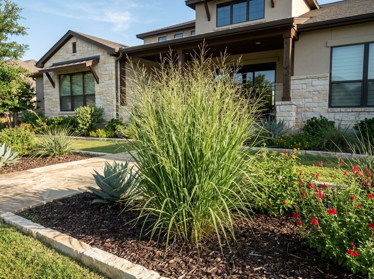 Switchgrass ornamental grass in a pot, forming a dense green clump with airy tan seedheads.
