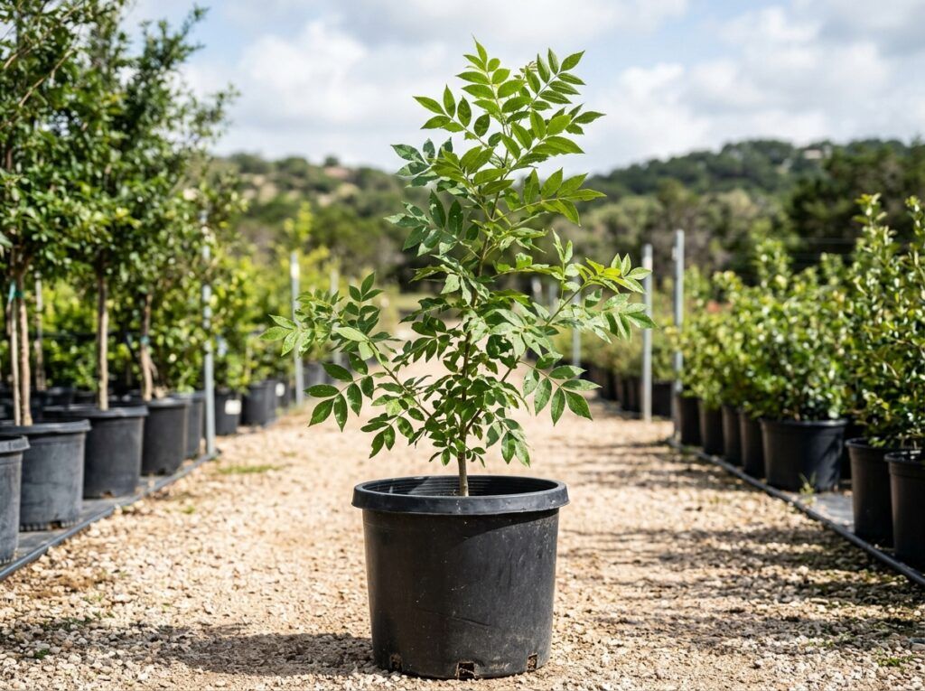 Texas Ash tree with dense green canopy and slender trunk, shown as a mature landscape specimen.